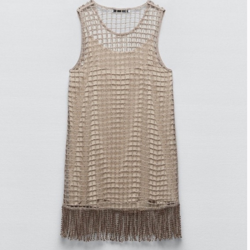 RARE Zara Mesh Knit Dress With Beaded Fringe - NWT